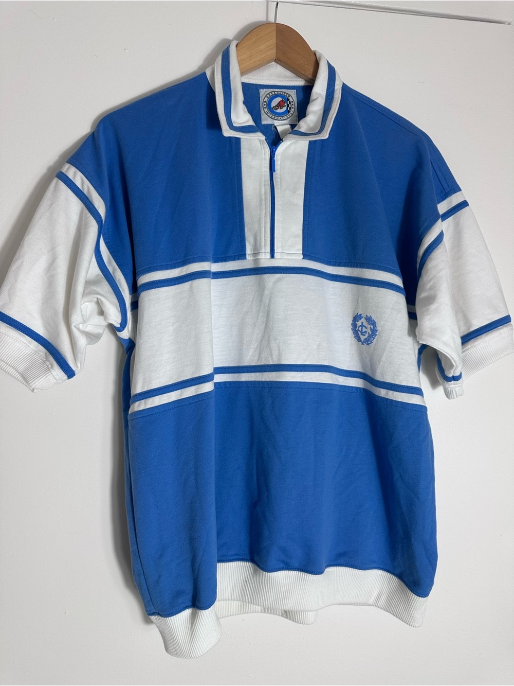 Vintage Blue & White Colorblock Quarter-Zip Rugby Polo